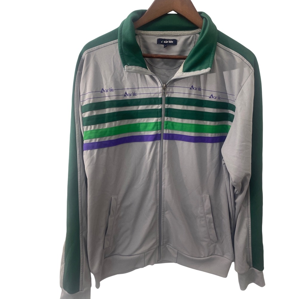 Air Life Men's XL Track Jacket Gray Green‎ Purple Stripe Retro Full Zip Comfort